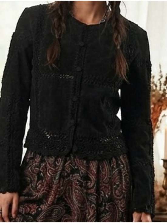 Gantos Jackets & Blazers - Gantos VTG Black Suede Leather Crochet Lace Trim Boho Western Jacket Womens Sz S